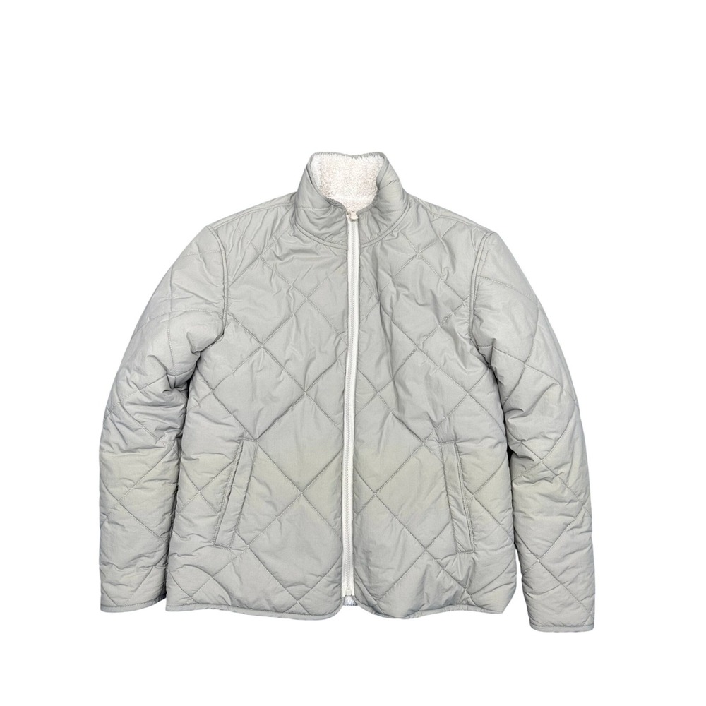 Mens Reversible Quilted Puffer Jacket Sherpa‎ Fleece Grey Cream Mock Neck Zip Up